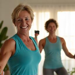 Persona di mezza età che si allena a casa con pesi leggeri, in un ambiente luminoso e motivante.