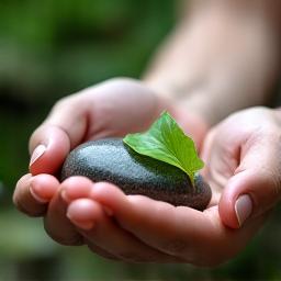 Una persona serena che medita in un ambiente naturale, con colori calmi e luce diffusa.