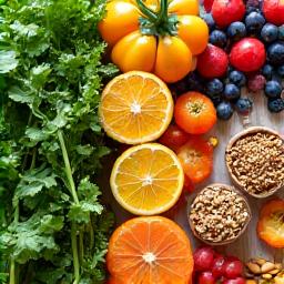 Varietà di cibi freschi e colorati, come frutta, verdura e cereali integrali, che simboleggiano una dieta sana e bilanciata.