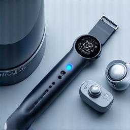 Dispositivi indossabili come smartwatch e cuffie wireless su una scrivania futuristica, che indicano innovazione.