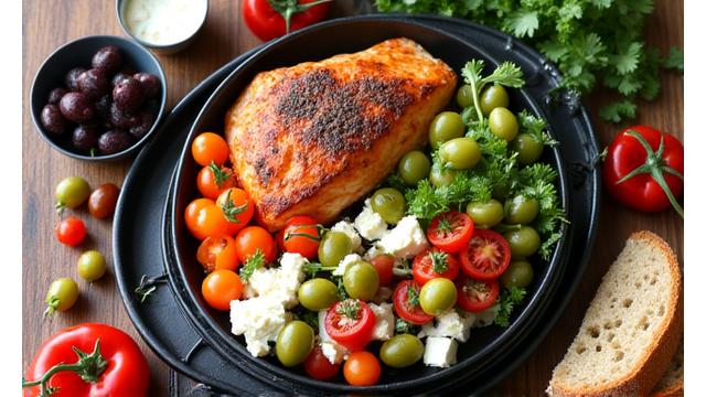 Piatto colorato e bilanciato di cibo mediterraneo, con verdure fresche e proteine magre.