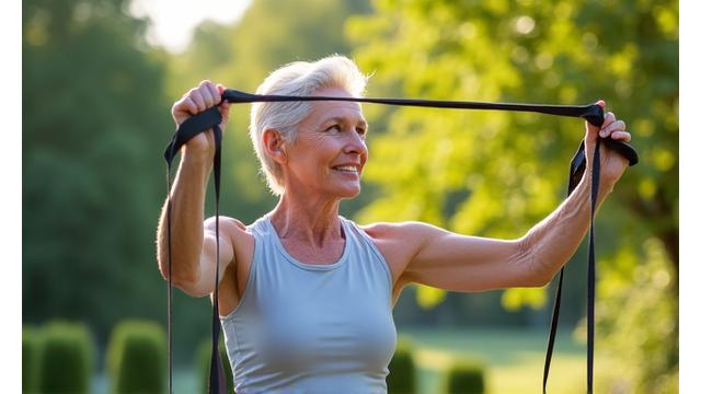 Uomo di mezza età che esegue esercizi con un elastico in un parco, in un ambiente motivante e all'aperto.
