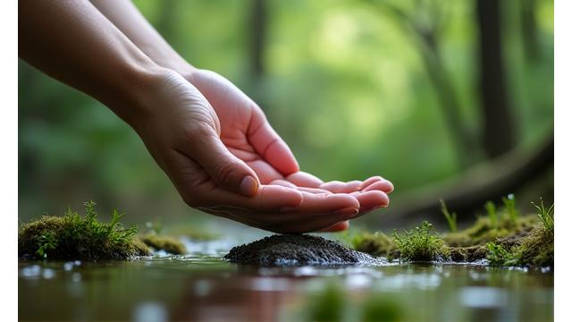 Mano che accarezza un sasso levigato e una foglia verde, simboleggia calma, consapevolezza e connessione con la natura.