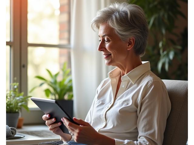 Donna sorridente che legge un tablet in un ambiente tranquillo e naturale, simbolo di apprendimento e benessere