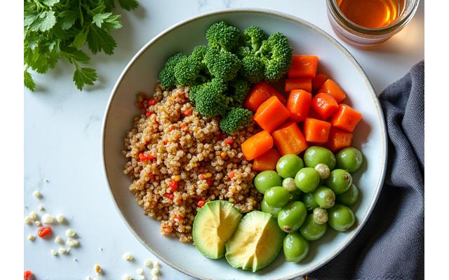 Piatti vegetariani colorati e invitanti, come insalate fresche, bowl di cereali e legumi, in un ambiente luminoso e naturale.