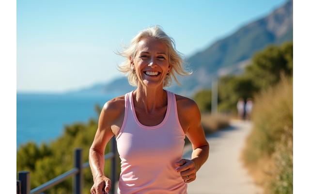 Donna che sorride mentre cammina all'aria aperta con abbigliamento sportivo, simboleggia vitalità e benessere.