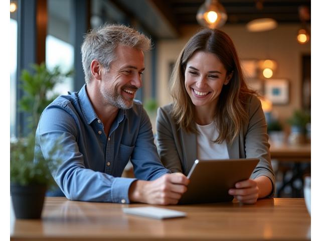 Due dei co-fondatori di VitaFlusso, un uomo e una donna over 35, discutono animatamente idee davanti a un laptop, in una caffetteria moderna.