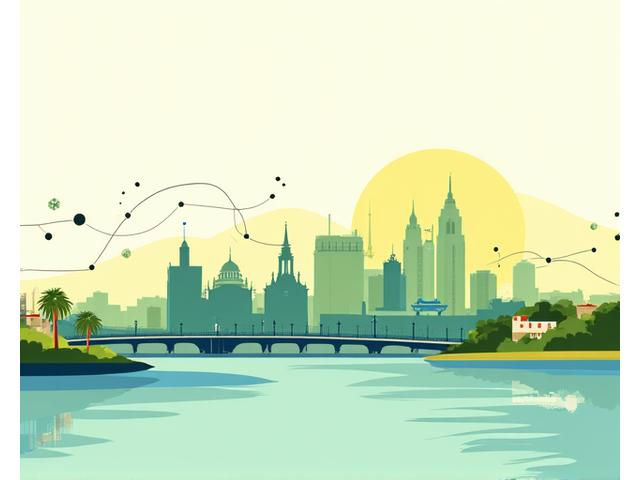 Panorama stilizzato di Rimini con elementi moderni e tradizionali, a simboleggiare il connubio tra radici locali e visione globale.