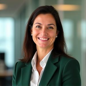 Ritratto professionale di Elena Rossi, co-fondatrice di VitaFlusso, sorridente e sicura, in un ambiente di lavoro moderno.