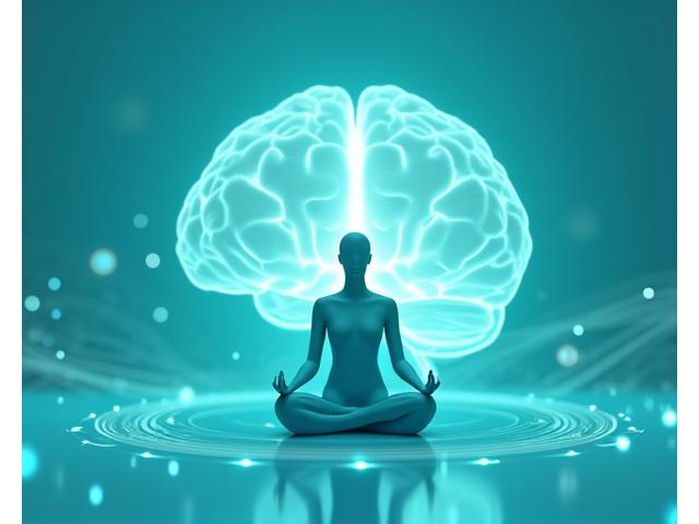 Grafici di dati stilizzati che sovrastano una persona che medita, simboleggiando la fusione di tecnologia e benessere umano.