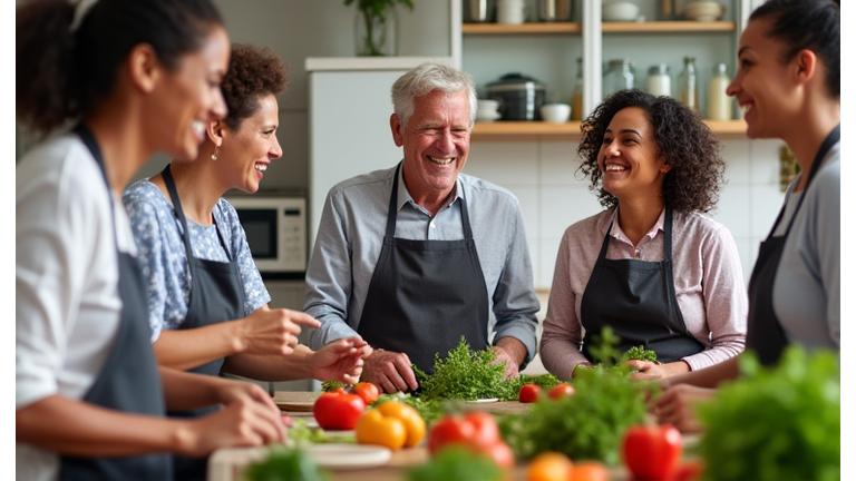 Un gruppo di persone sorridenti che partecipano a un workshop di cucina sana, con verdure fresche sul tavolo.