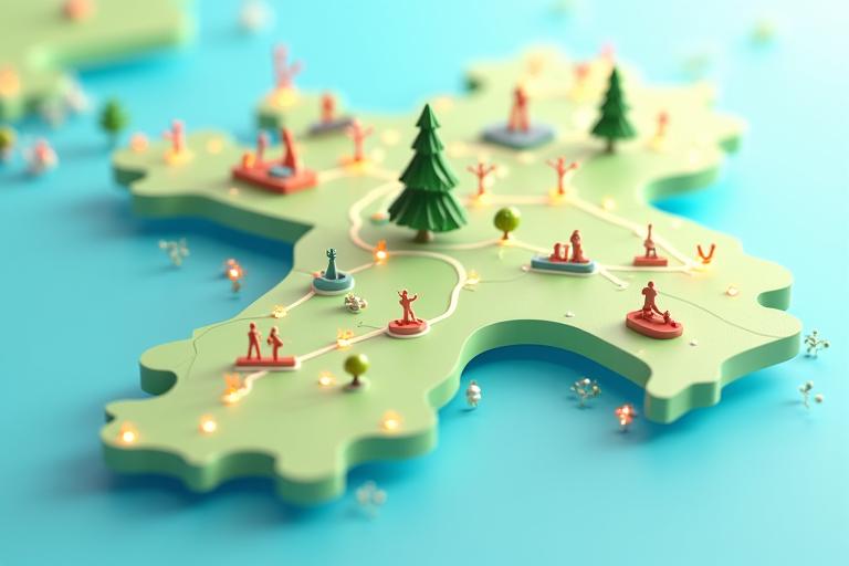 Una mappa stilizzata di Rimini con icone che indicano punti di interesse per il benessere e attività di gruppo.