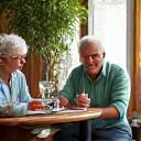 Persone che sorridono chattando in un caffè, illustrando la possibilità di visualizzare le conversazioni di gruppo.