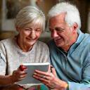 Uomo e donna anziani sorridono mentre guardano un tablet insieme, simboleggiando un quiz interattivo per il matching di gruppo.