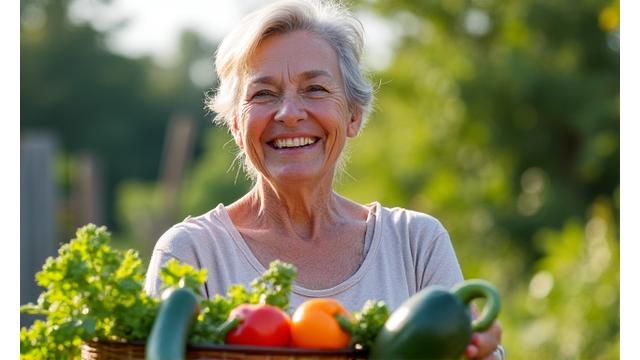 Elisa mostra con orgoglio una verdura dal suo orto, simbolo di un'alimentazione sana e consapevole.