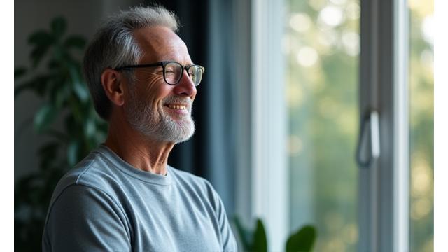 Marco sorride con autostima dopo aver migliorato la sua salute cardiovascolare.