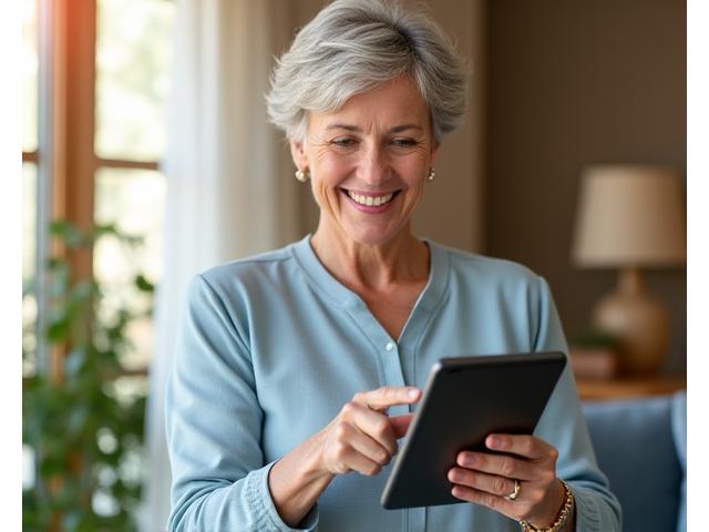 Donna sorridente che usa un tablet mettendo in evidenza la facile connessione