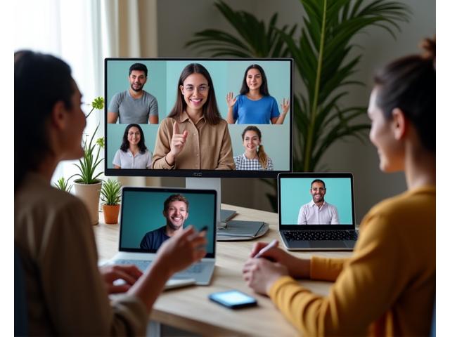 Un gruppo di persone interagisce con un esperto durante una sessione live online, sullo schermo un sorriso amichevole.