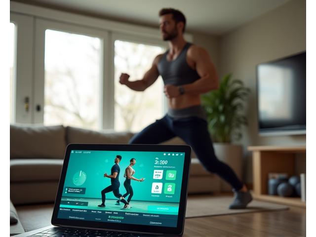 Uomo over 40 che si allena in casa con pesi leggeri, schermo mostra un programma di allenamento adattivo