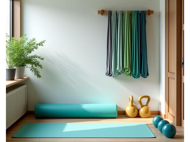 Mini palestra casalinga organizzata in uno spazio piccolo, con elastici, pesi e tappetino. Ambiente invitante