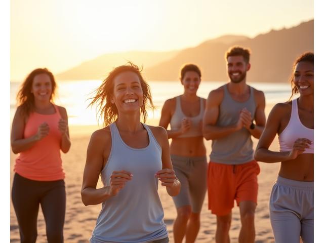 Gruppo di adulti over 35 che fa fitness sulla spiaggia di Rimini all'alba, atmosfera energica e felice