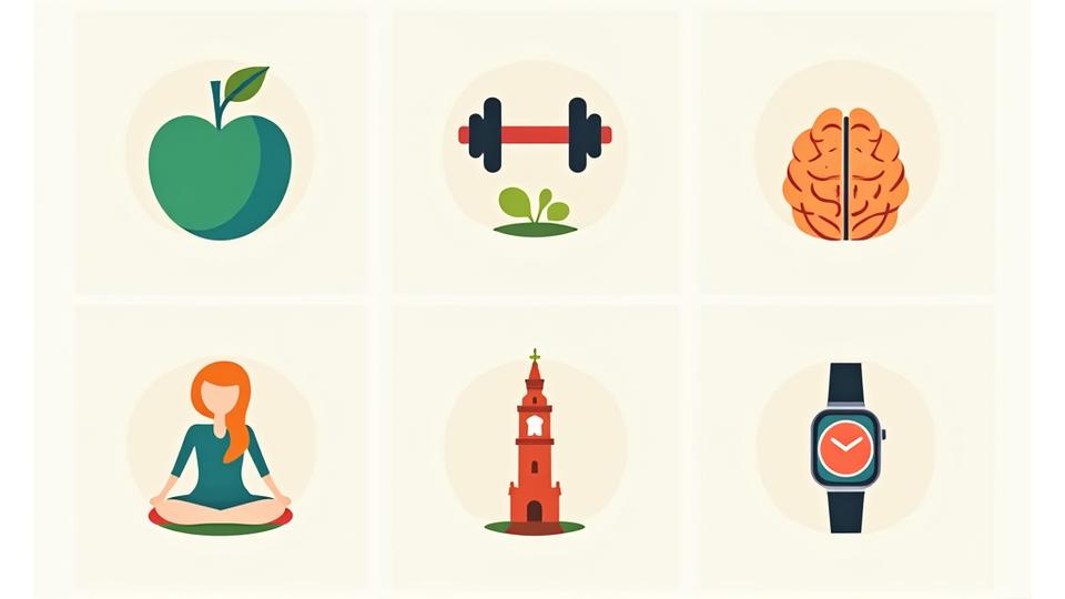 Illustrazione di diverse icone che rappresentano benessere, nutrizione, fitness e mindfulness, disposte su una griglia per simboleggiare le categorie del forum.