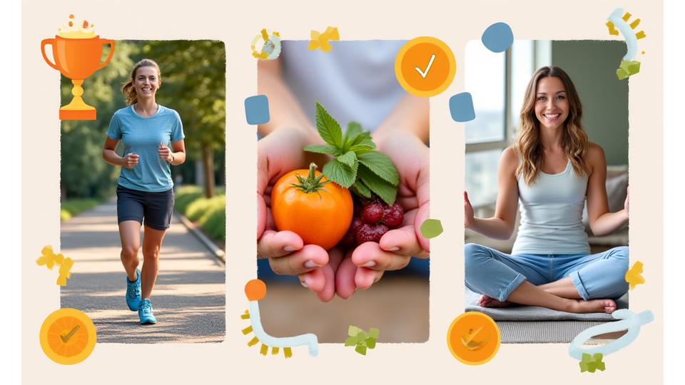 Un collage visivo di persone che praticano diverse attività wellness (camminata, cucina sana, meditazione) con icone di premi e badge di successo, per rappresentare le challenge della community VitaFlusso.