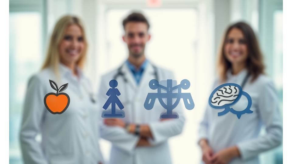 Tre professionisti della salute (Nutrizionista, Personal Trainer, Psicologo) ciascuno con un'icona che rappresenta la loro specializzazione, in un ambiente pulito e professionale.