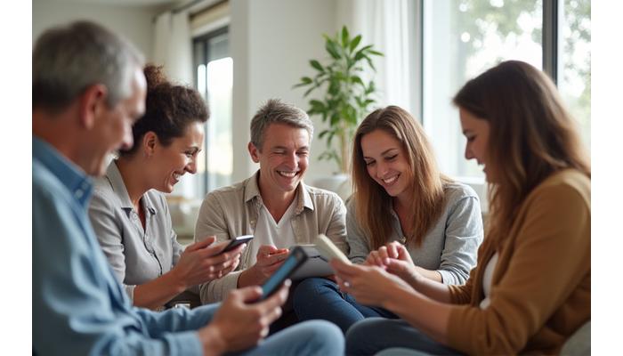 Un gruppo di adulti sorridenti che interagiscono su un forum online, rappresentando la connessione e il supporto della community VitaFlusso.