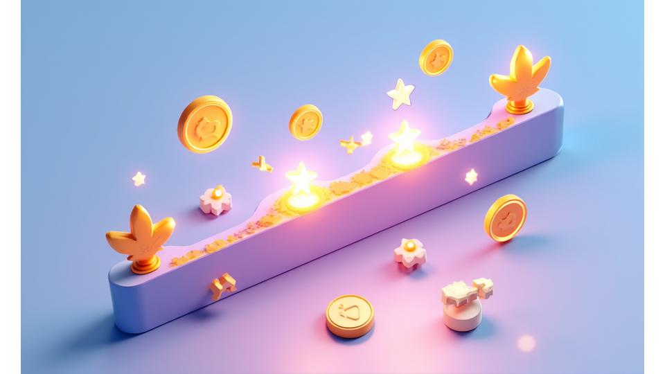 Illustrazione gamificata di un profilo utente con barre di progresso, badge sbloccati e piccoli trofei per rappresentare il sistema di reputazione della community VitaFlusso.