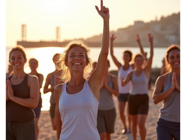 Un gruppo di persone sorridenti che praticano yoga all'aperto sulla spiaggia di Rimini all'alba, con vista sul mare.