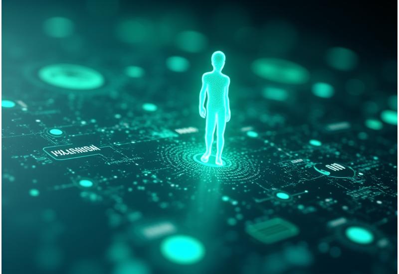 Interfaccia di VitaFlusso che mostra algoritmi di intelligenza artificiale che monitorano i dati sanitari e offrono raccomandazioni personalizzate.