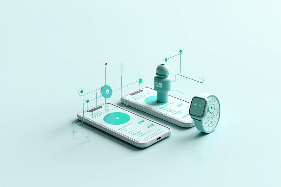 Illustrazione di smartphone, smartwatch e tablet interconnessi che mostrano dati di salute aggregati in una dashboard di VitaFlusso.