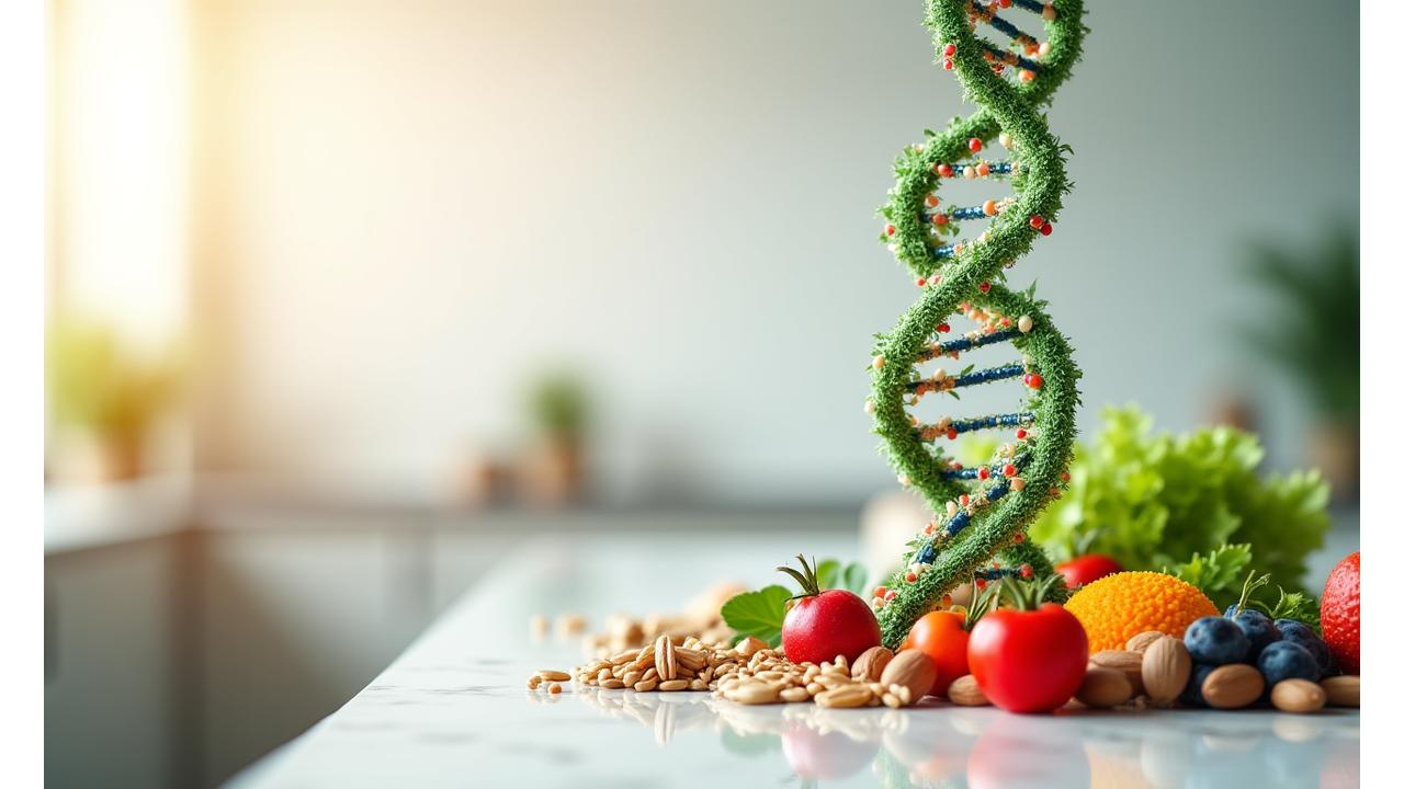 Schema di elica del DNA intrecciata con alimenti sani e colorati, che simboleggia la dieta personalizzata basata sulla genetica.