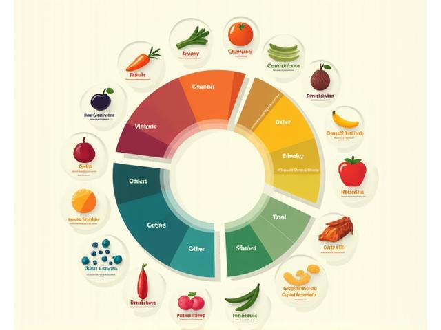 Grafico visivo e colorato che mostra la diversità batterica del microbioma intestinale, con sezioni che indicano batteri benefici e meno desiderabili, circondato da alimenti sani.