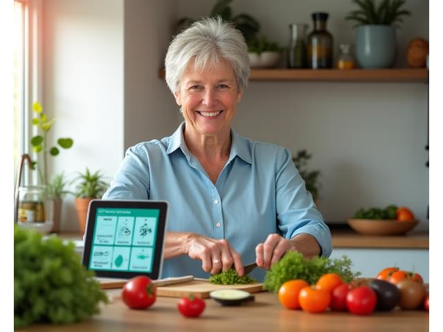 Donna sorridente che prepara un pasto sano e colorato in una cucina moderna, con un tablet che mostra un piano nutrizionale digitale sullo sfondo.