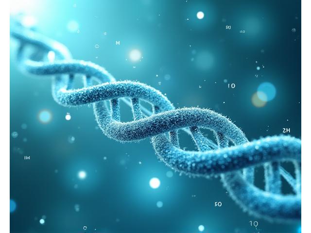 Illustrazione stilizzata di un'elica del DNA con marcatori luminosi che evidenziano sezioni specifiche legate al cibo e al metabolismo, in un ambiente futuristico e pulito.