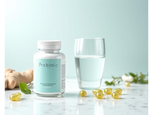 Confezione di integratori probiotici con etichetta pulita e un bicchiere d'acqua.