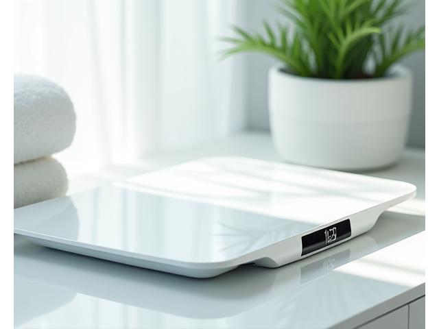 Bilancia smart elegante bianca con display digitale in un bagno moderno.