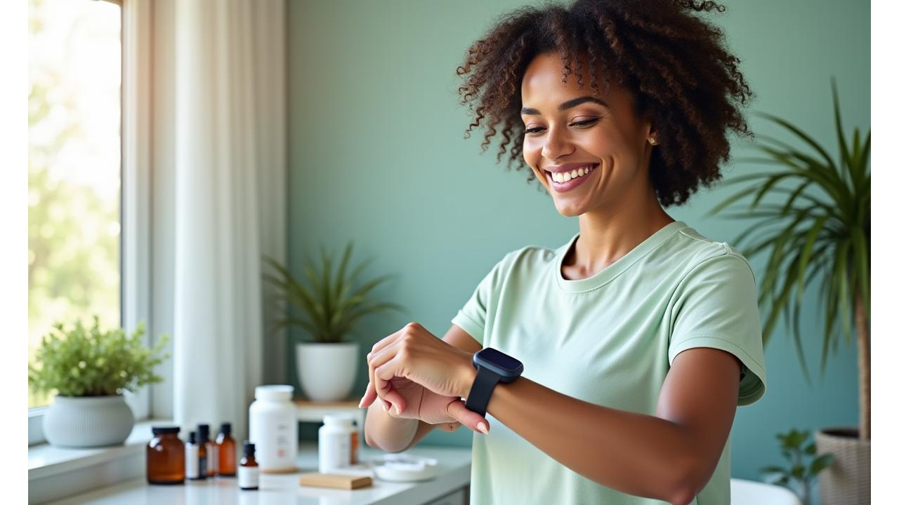 Donna adulta sorridente che esamina un dispositivo fitness indossabile, sullo sfondo prodotti wellness sfocati e naturali.
