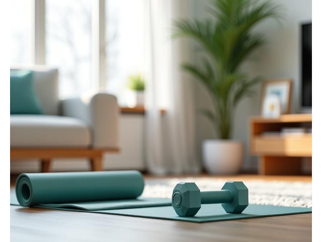 Attrezzi compatti per home fitness come manubri leggeri e tappetino yoga in un salotto moderno.