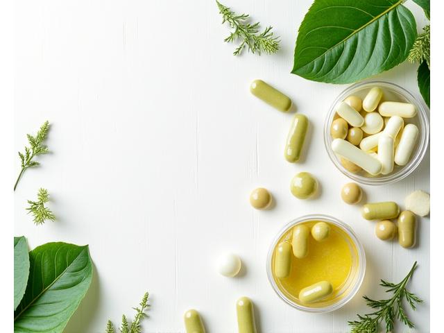 Pillole e capsule dai colori naturali e foglie verdi su una superficie pulita in un ambiente luminoso.