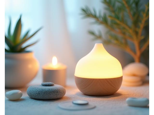 Candele profumate, diffusore di oli essenziali e pietre zen in un ambiente rilassante.