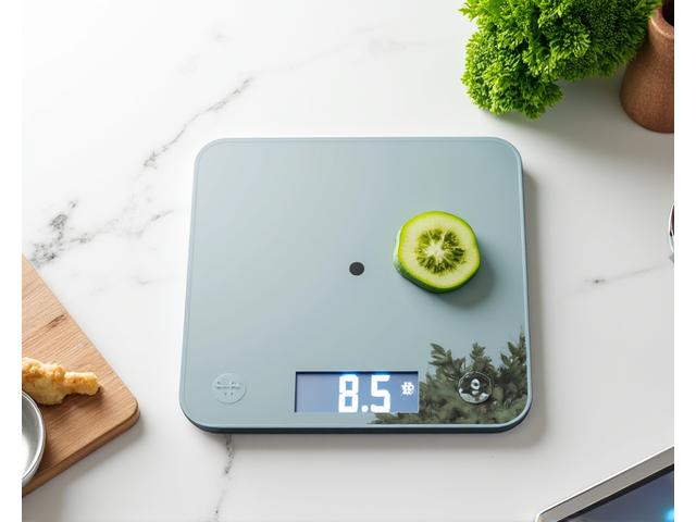 Bilancia da cucina smart e app per la pianificazione dei pasti visualizzata su un tablet.