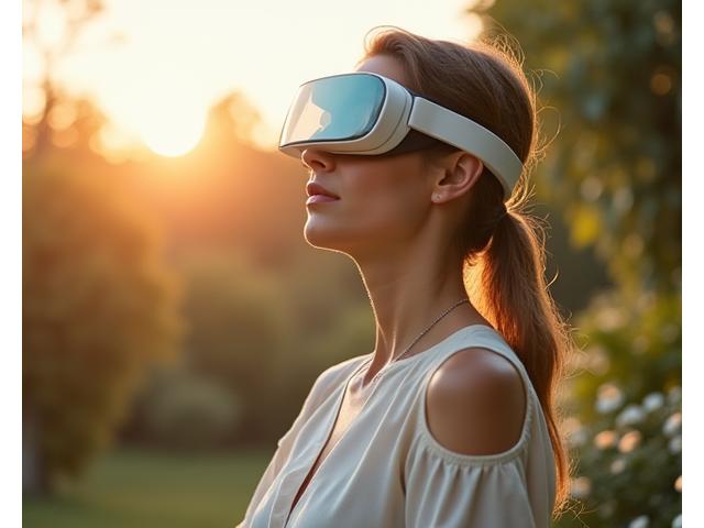 Donna serena che medita con un auricolare AR per benessere mentale