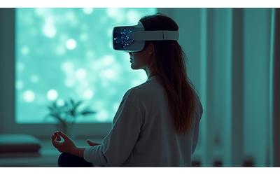 Persona con visore VR che medita in un ambiente virtuale rilassante