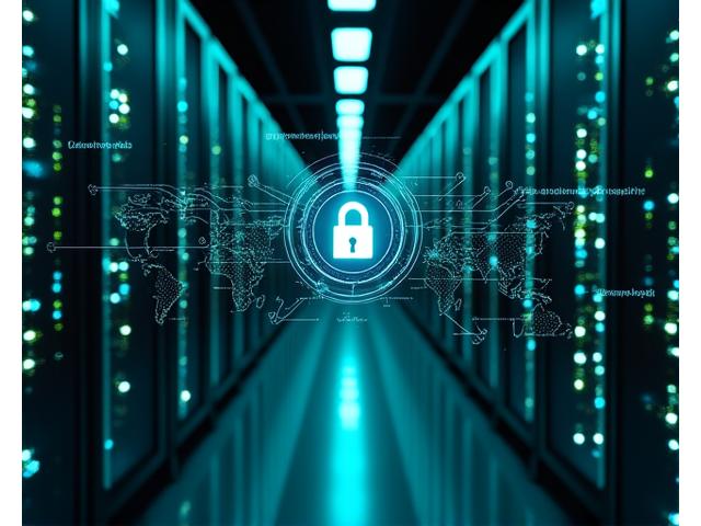 Un'interfaccia utente futuristica mostra un grafico di sicurezza con nodi interconnessi e un grande lucchetto al centro, indicando una protezione dati robusta.