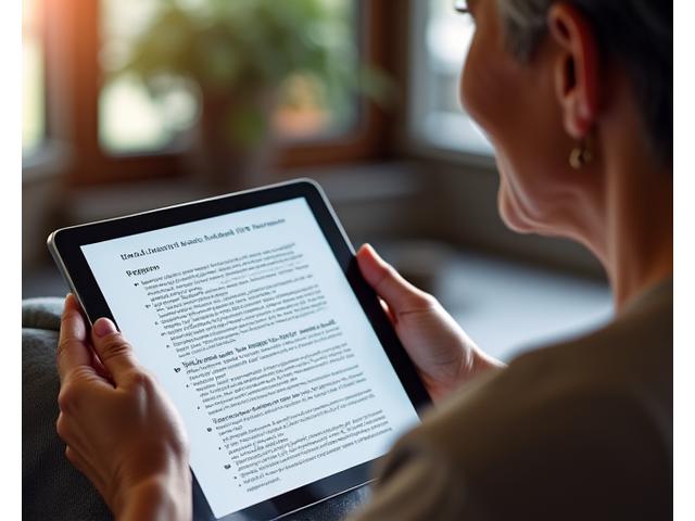 Persona anziana che naviga su un tablet, mostrando un documento legale stilizzato, evidenziando chiarezza e accessibilità.