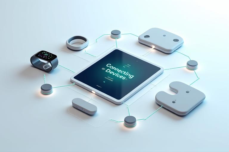 Illustrazione di diversi dispositivi indossabili per il fitness e la salute (smartwatch, anello Oura, fascia cardio) collegati digitalmente a un'interfaccia tablet che mostra una sincronizzazione dati fluida.