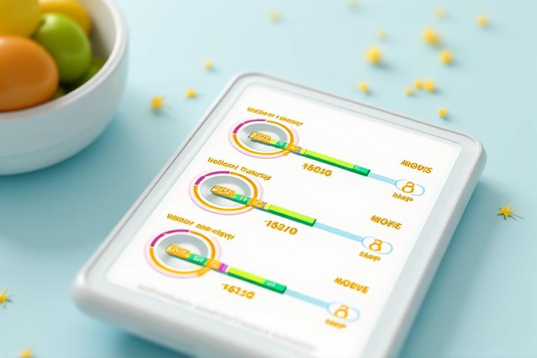 Grafici di progresso su uno schermo che mostrano il raggiungimento di obiettivi di fitness e benessere. Elementi visivi includono anelli di progresso quasi completati e icone di traguardi raggiunti.